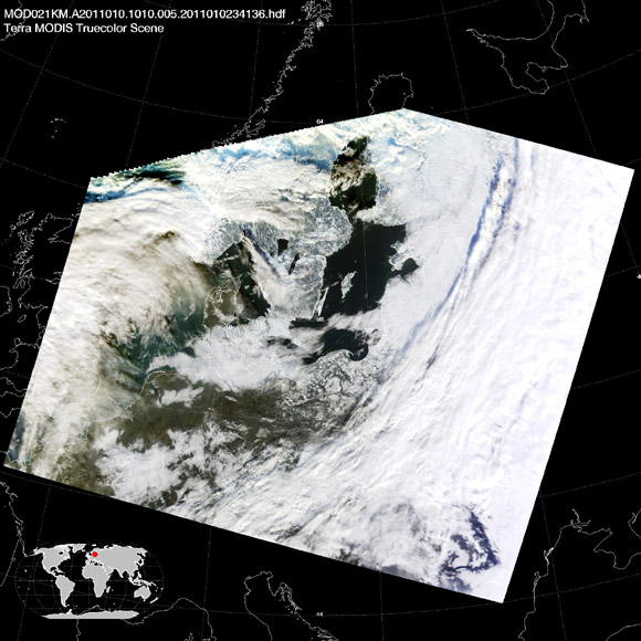 Fig. 1. A satellite image of Europe captured by the MODIS instrument on the Terra satellite on January 10, 2011. This is roughly how Earth's surface would appear to a human observer at an altitude of 700 km.