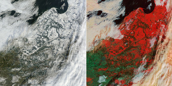 Color Combinations of Spectral Information
On the left, an image simulating the colors visible to our eyes from orbit. On the right, artificial colors highlight snow using spectral channels.