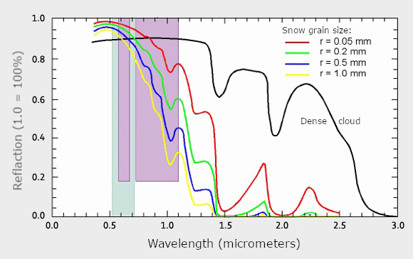 Fig. 3. Reflection Intensity of Solar Radiation by Snow Changes with Wavelength. For short wavelengths (visible range, 0.4–0.7 micrometers), reflection is very strong. It weakens as the wavelength increases: at 1.6 micrometers, snow absorbs almost all radiation. The colored lines represent snow with different grain sizes. The black line shows reflection for a cloud — like snow, it is bright in the visible range, but unlike snow, it remains bright in the near-infrared range. Compare this graph with the images in Fig. 2.